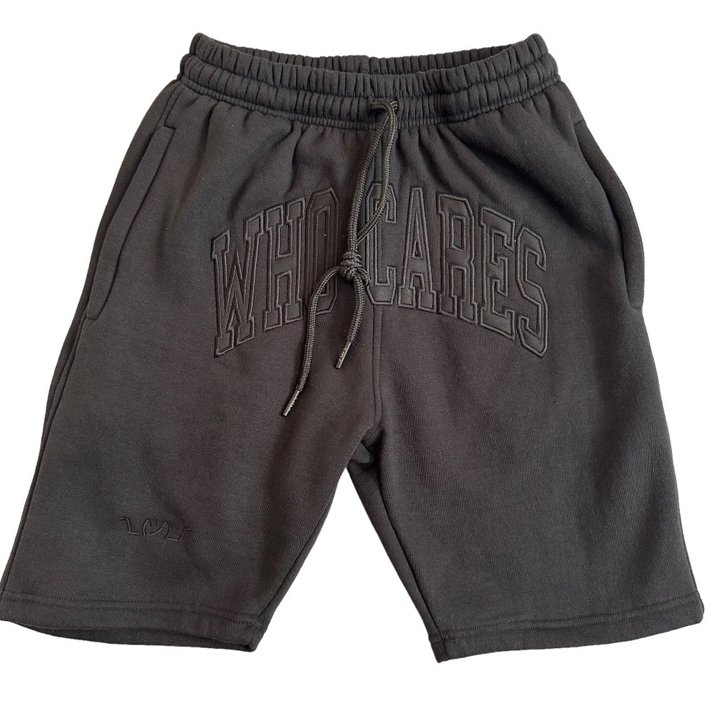 WHO CARES?! Shorts Men Size S Black Logo Adjustable Elastic Waist Zip Pockets